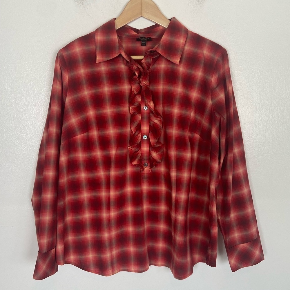 Talbots Women's Plaid‎ Long Sleeve Top Size 14WP Petite Red Henley Neck Collared